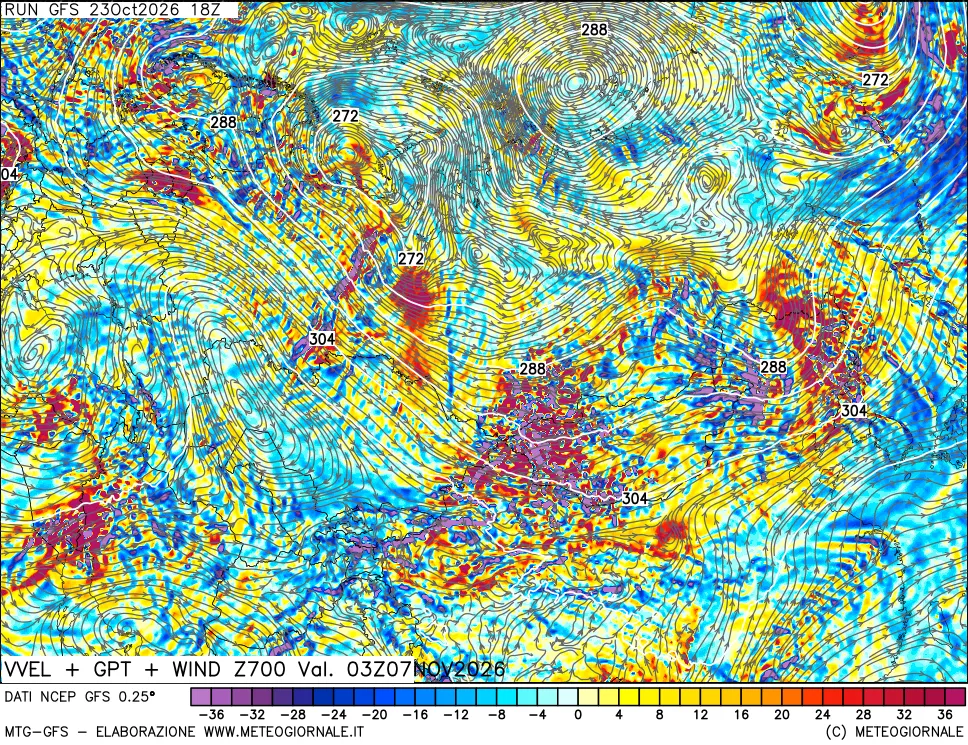 mappa 700 hPa Velocità verticiali + GPT + Vento