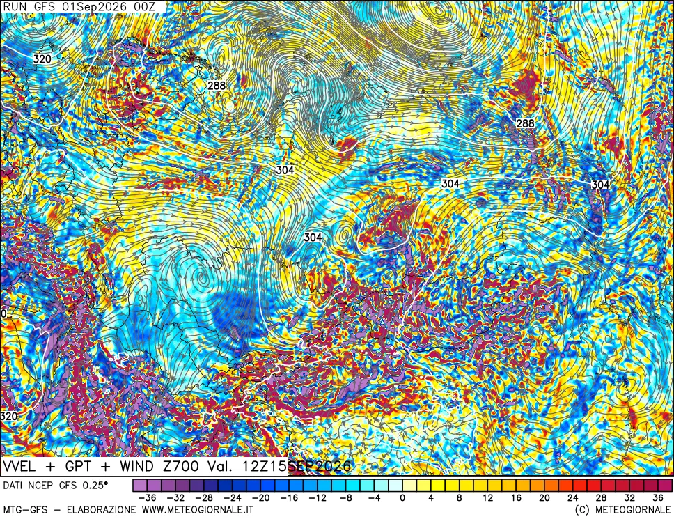 mappa 700 hPa Velocità verticiali + GPT + Vento