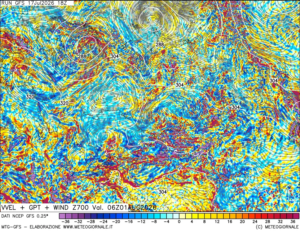 mappa 700 hPa Velocità verticiali + GPT + Vento