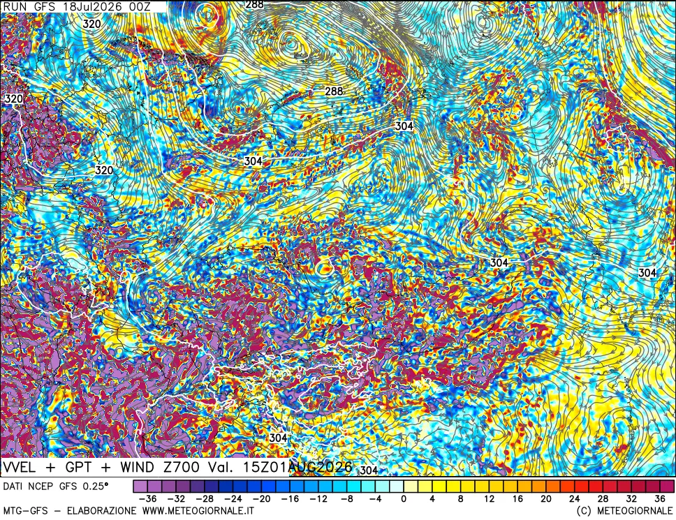 mappa 700 hPa Velocità verticiali + GPT + Vento