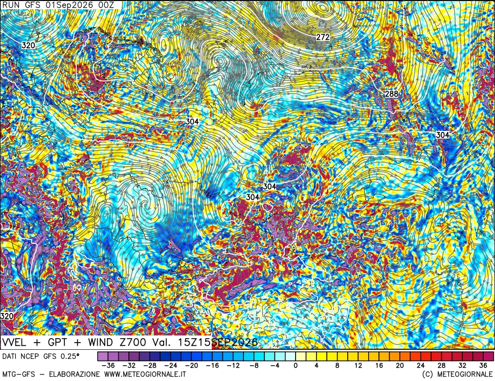 mappa 700 hPa Velocità verticiali + GPT + Vento