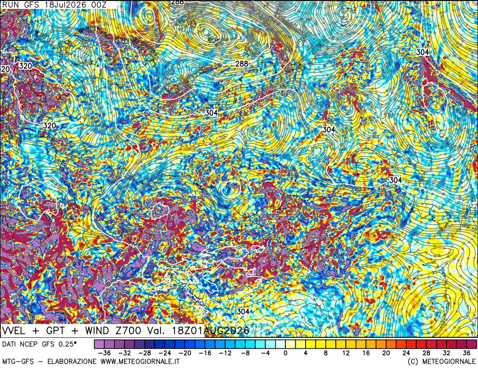 mappa 700 hPa Velocità verticiali + GPT + Vento