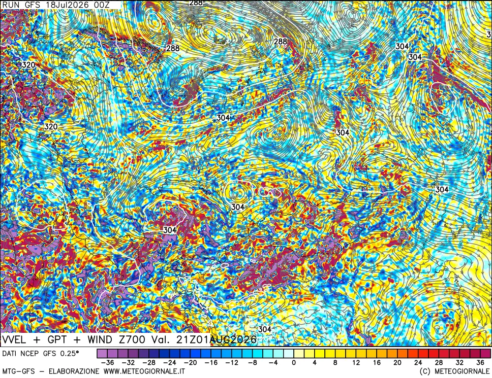 mappa 700 hPa Velocità verticiali + GPT + Vento