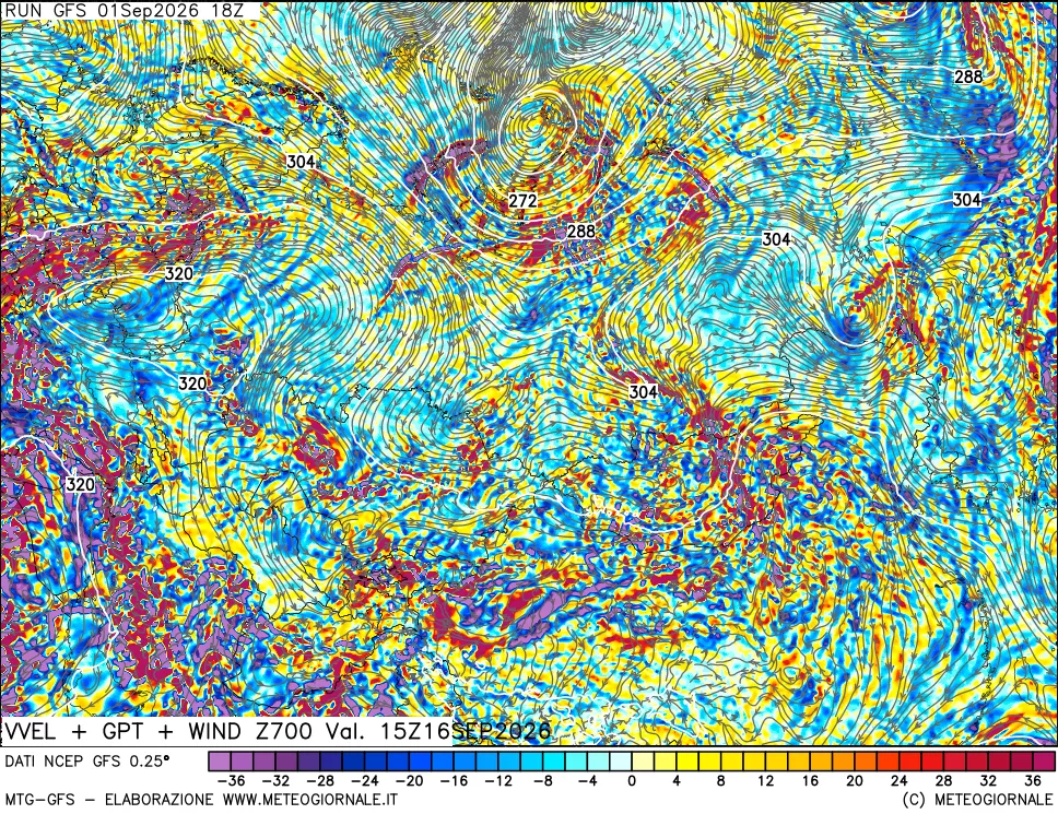 mappa 700 hPa Velocità verticiali + GPT + Vento