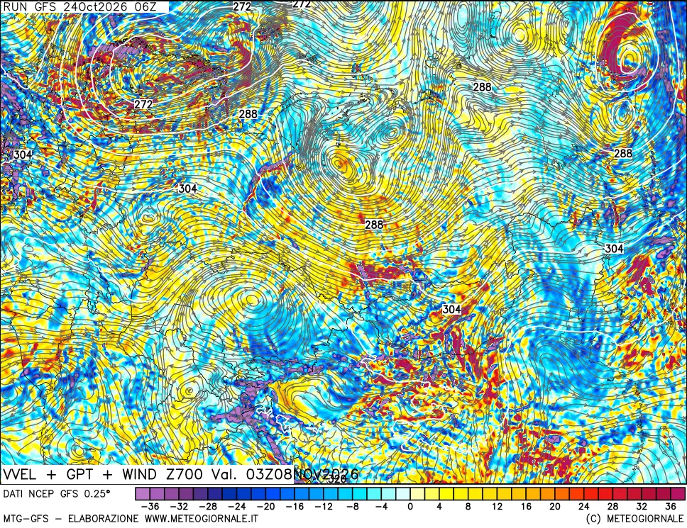 mappa 700 hPa Velocità verticiali + GPT + Vento