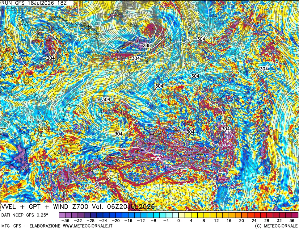 mappa 700 hPa Velocità verticiali + GPT + Vento
