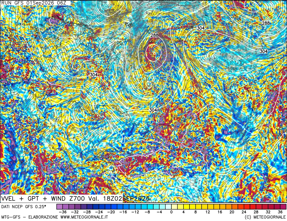 mappa 700 hPa Velocità verticiali + GPT + Vento
