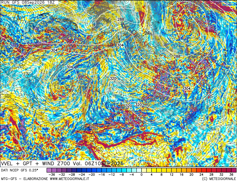 mappa 700 hPa Velocità verticiali + GPT + Vento