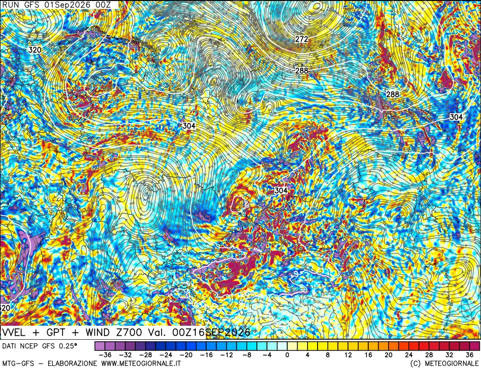 mappa 700 hPa Velocità verticiali + GPT + Vento