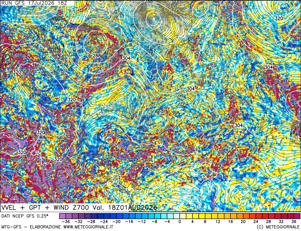 mappa 700 hPa Velocità verticiali + GPT + Vento