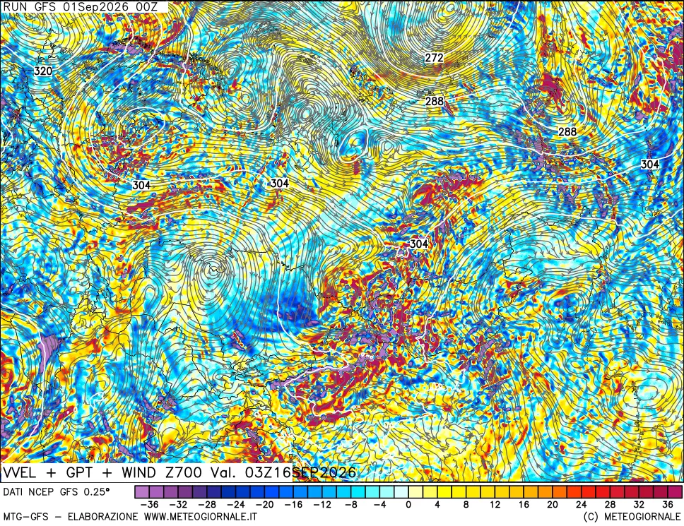 mappa 700 hPa Velocità verticiali + GPT + Vento