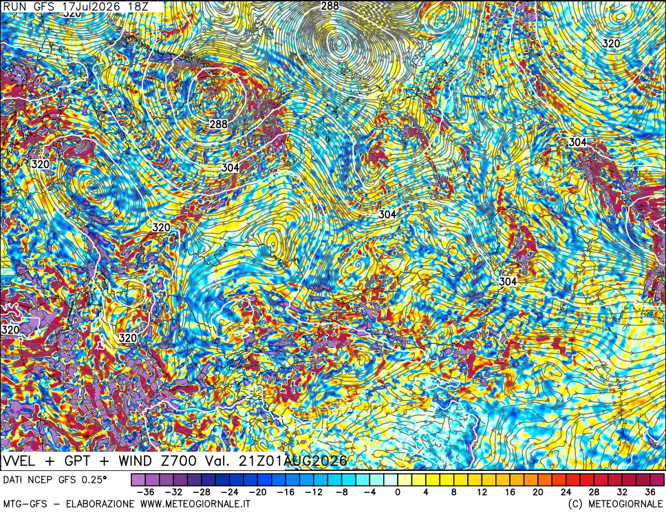 mappa 700 hPa Velocità verticiali + GPT + Vento