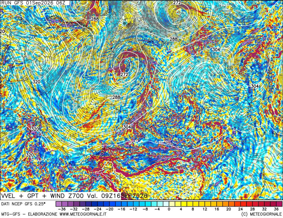 mappa 700 hPa Velocità verticiali + GPT + Vento