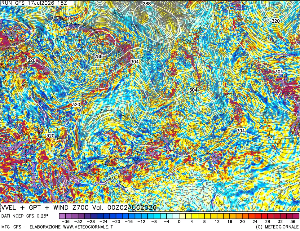 mappa 700 hPa Velocità verticiali + GPT + Vento