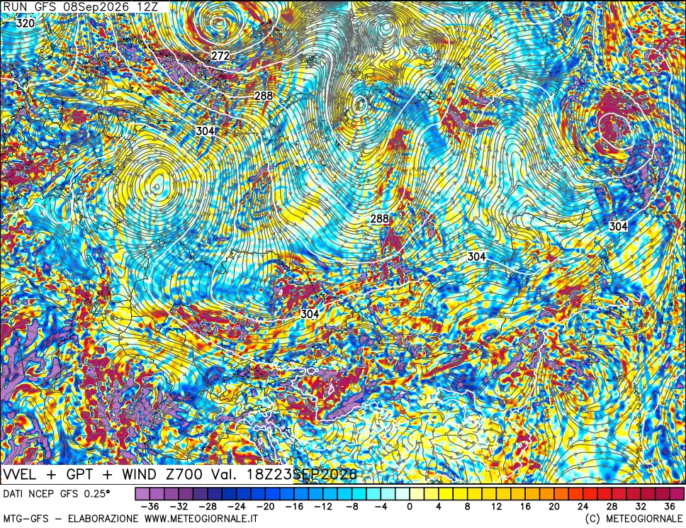 mappa 700 hPa Velocità verticiali + GPT + Vento