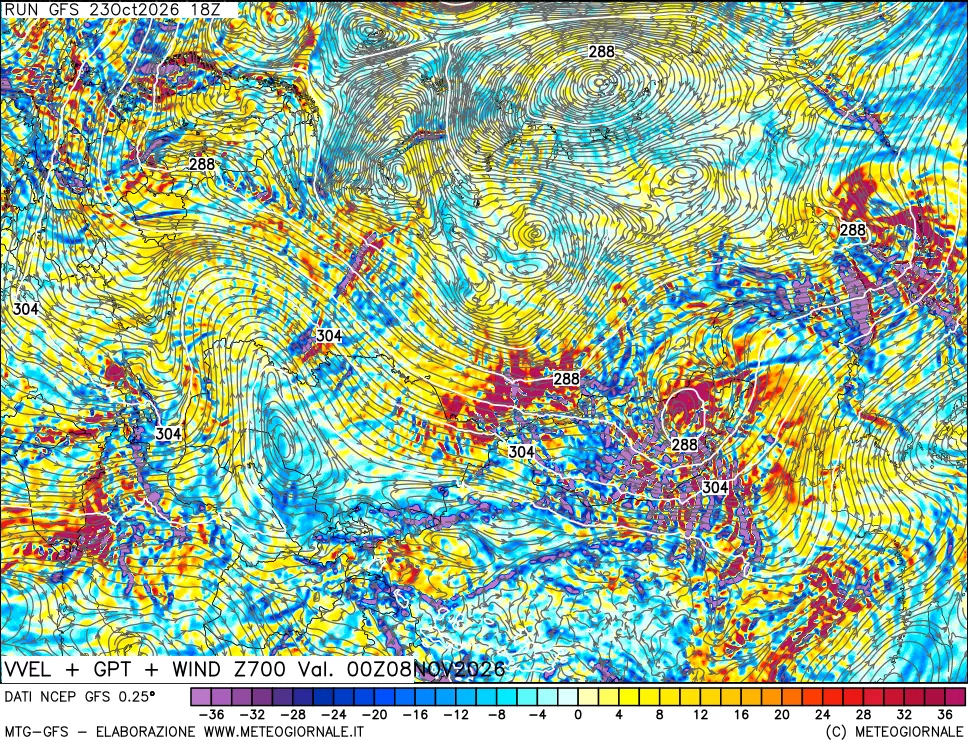 mappa 700 hPa Velocità verticiali + GPT + Vento