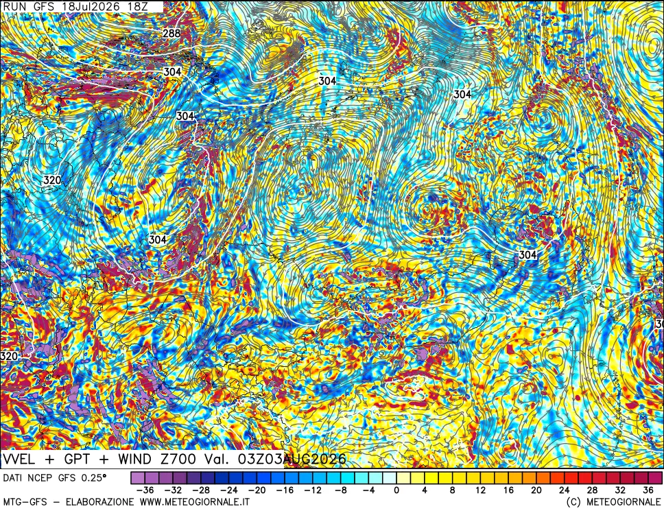 mappa 700 hPa Velocità verticiali + GPT + Vento