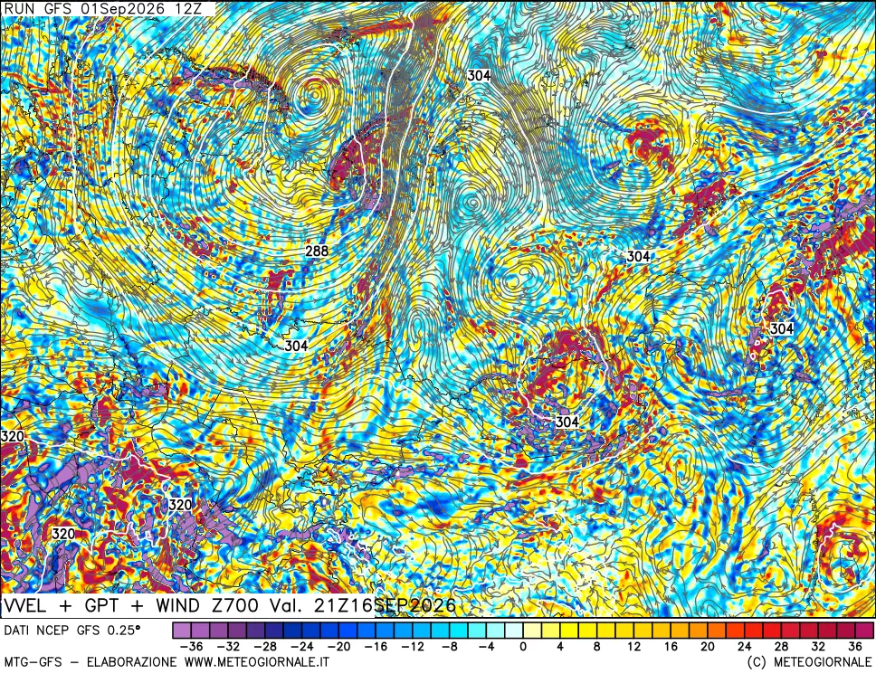 mappa 700 hPa Velocità verticiali + GPT + Vento