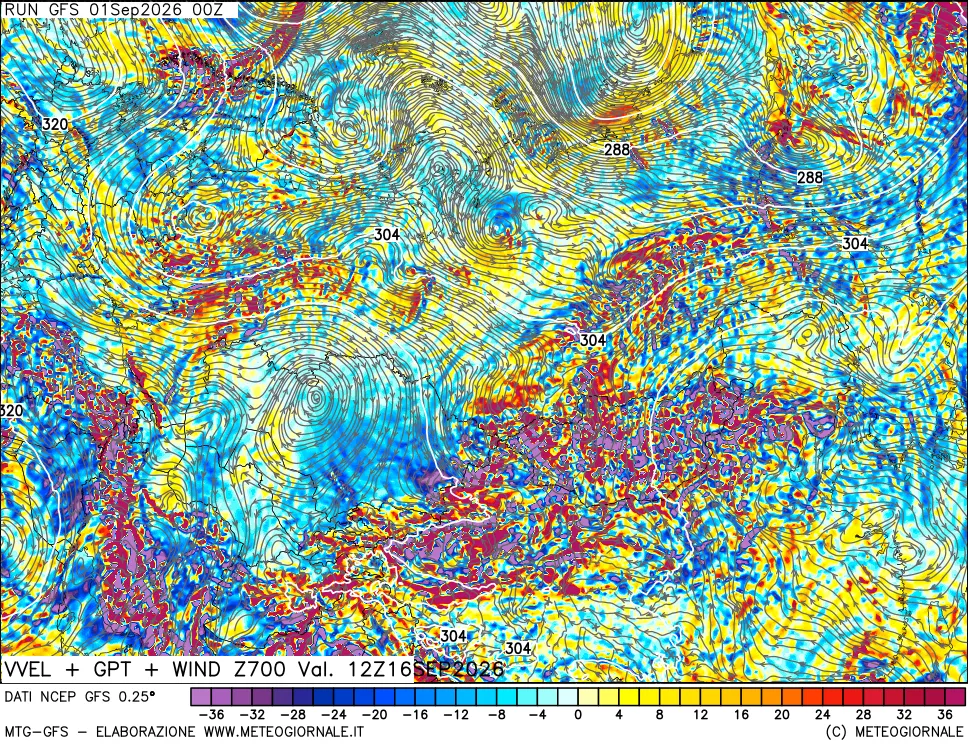 mappa 700 hPa Velocità verticiali + GPT + Vento