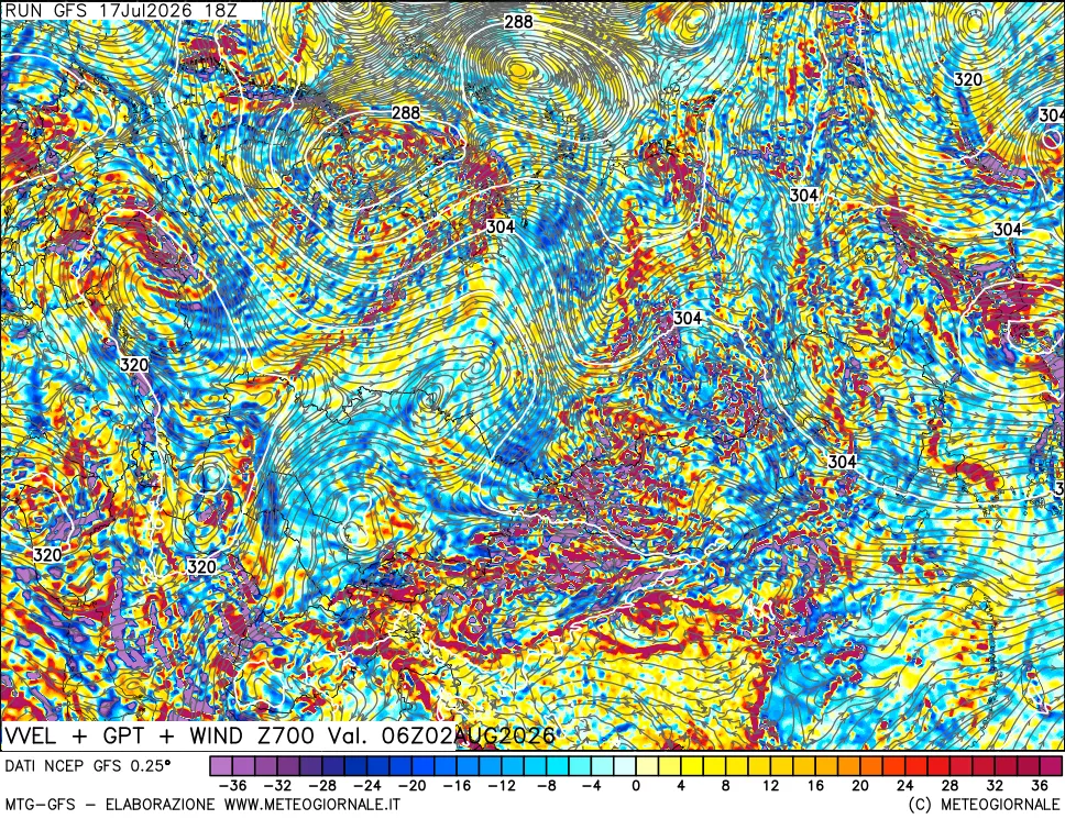 mappa 700 hPa Velocità verticiali + GPT + Vento