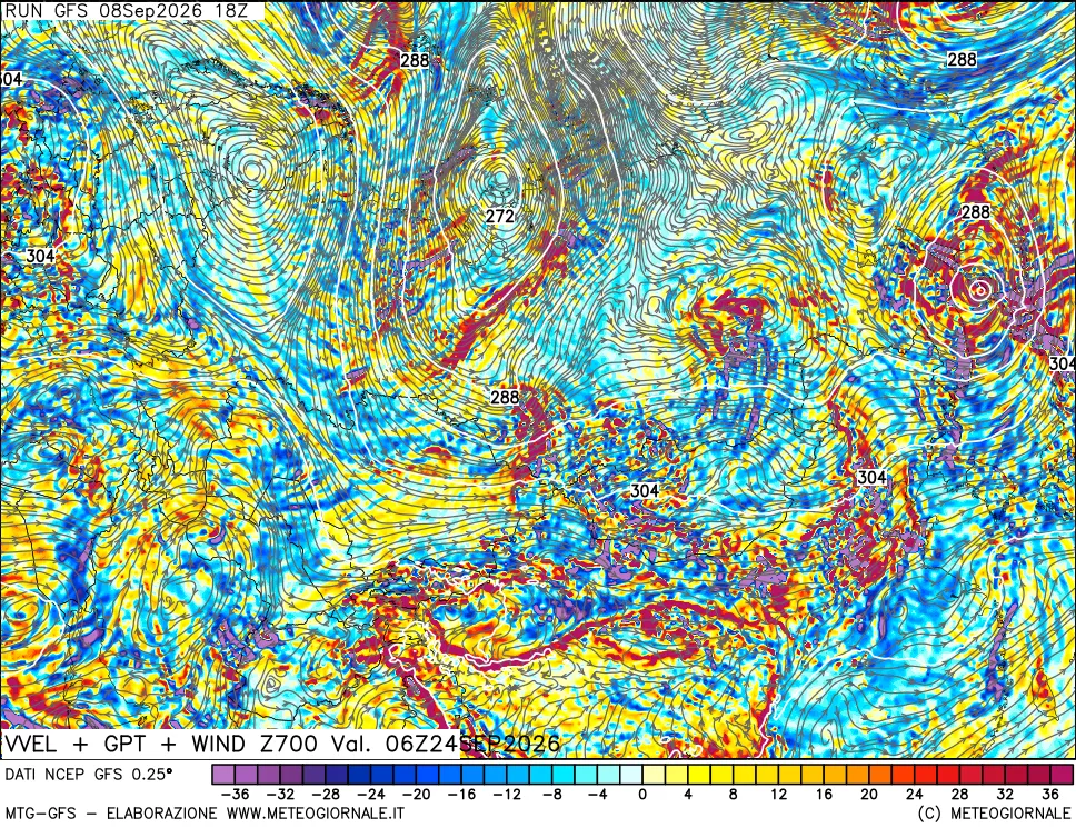 mappa 700 hPa Velocità verticiali + GPT + Vento