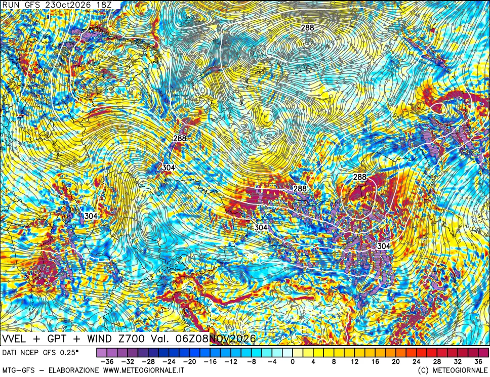 mappa 700 hPa Velocità verticiali + GPT + Vento