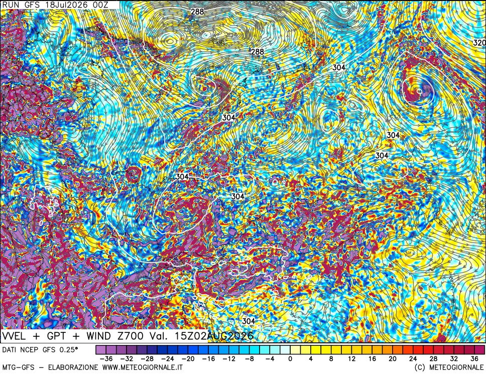 mappa 700 hPa Velocità verticiali + GPT + Vento