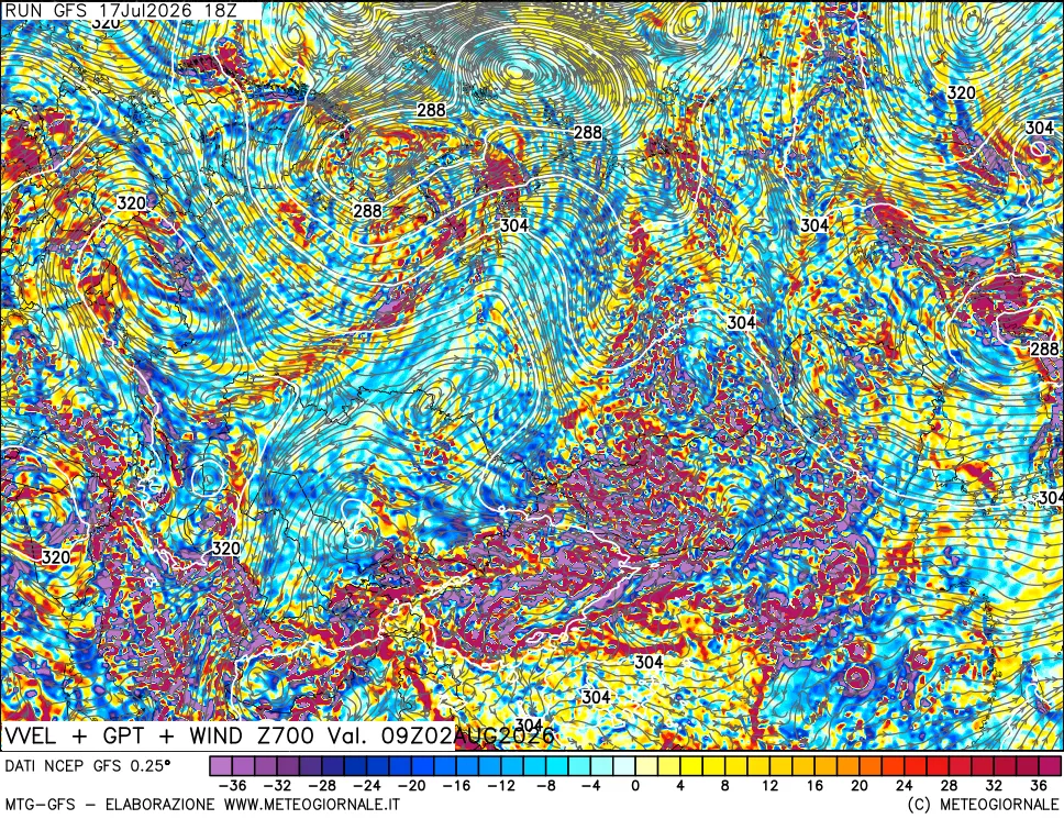 mappa 700 hPa Velocità verticiali + GPT + Vento