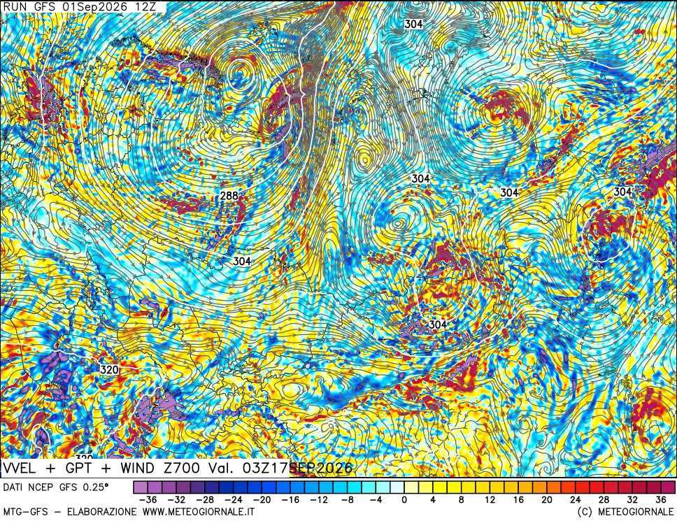 mappa 700 hPa Velocità verticiali + GPT + Vento