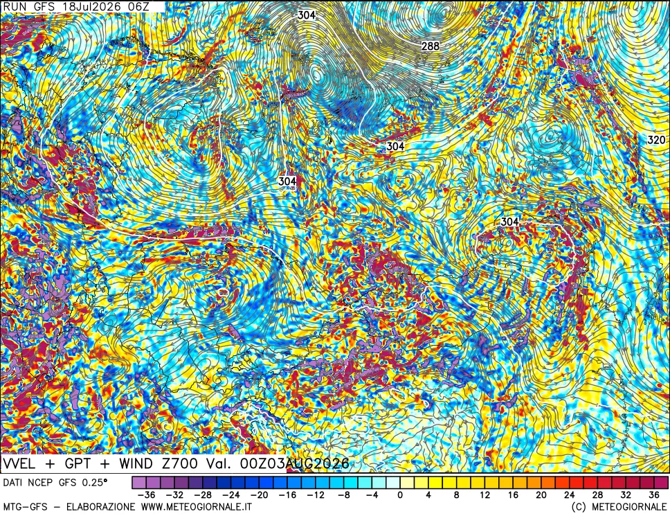 mappa 700 hPa Velocità verticiali + GPT + Vento