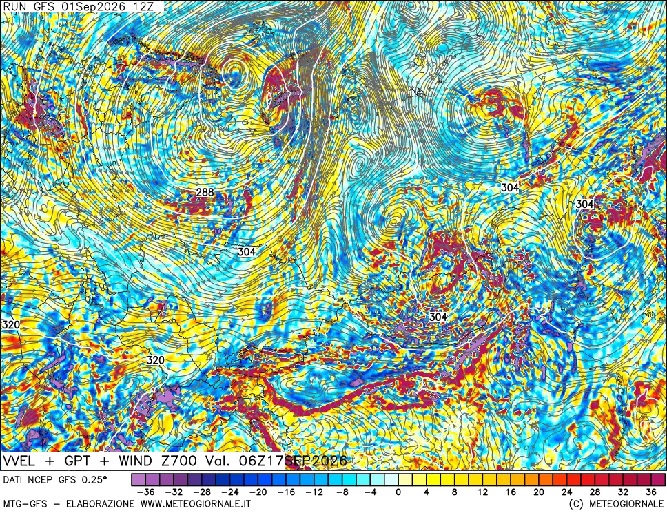 mappa 700 hPa Velocità verticiali + GPT + Vento