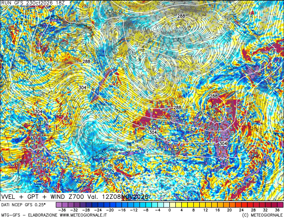 mappa 700 hPa Velocità verticiali + GPT + Vento