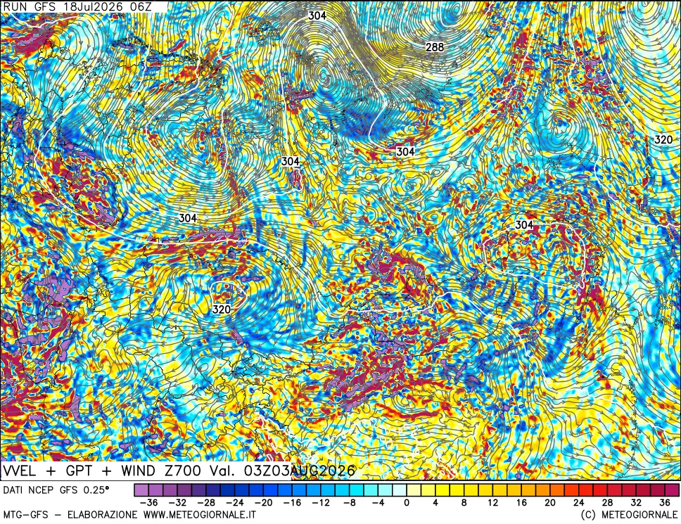 mappa 700 hPa Velocità verticiali + GPT + Vento