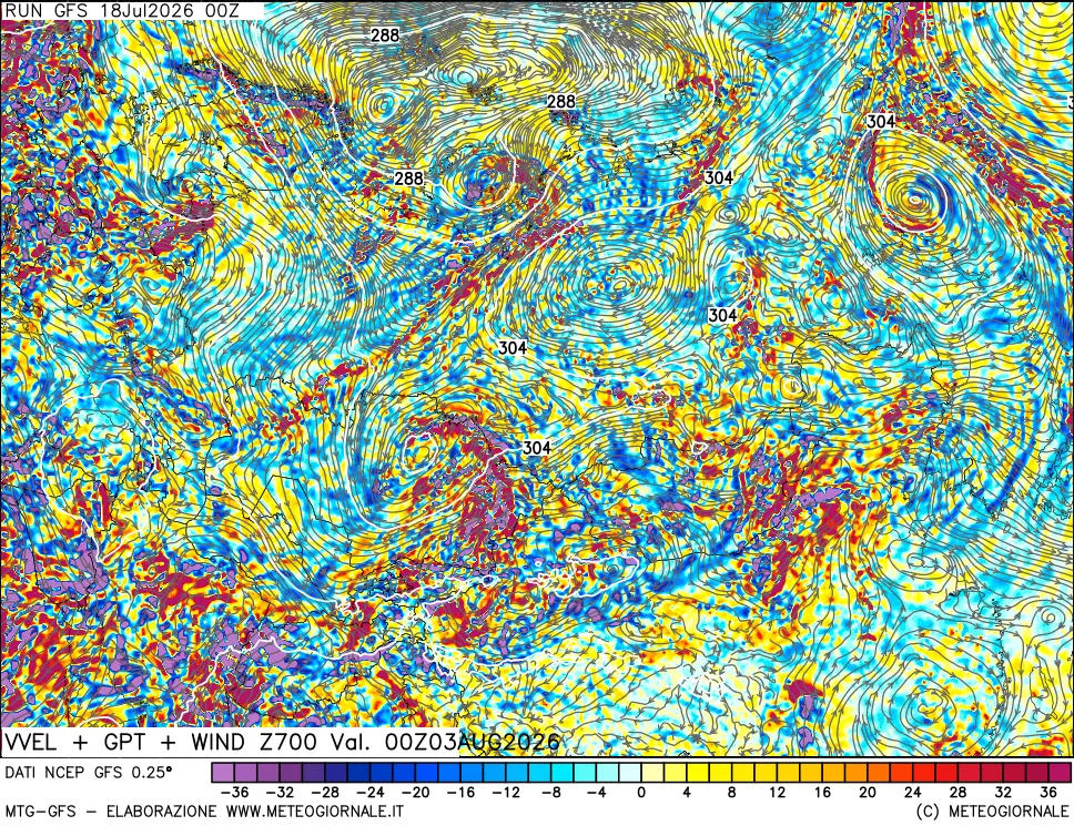 mappa 700 hPa Velocità verticiali + GPT + Vento
