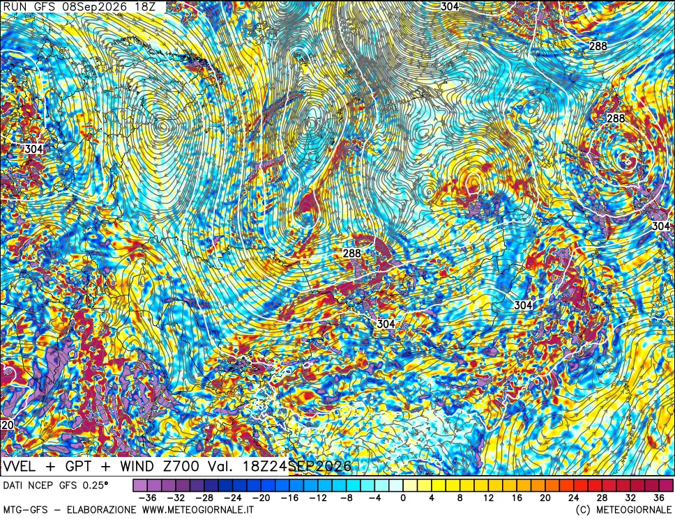 mappa 700 hPa Velocità verticiali + GPT + Vento