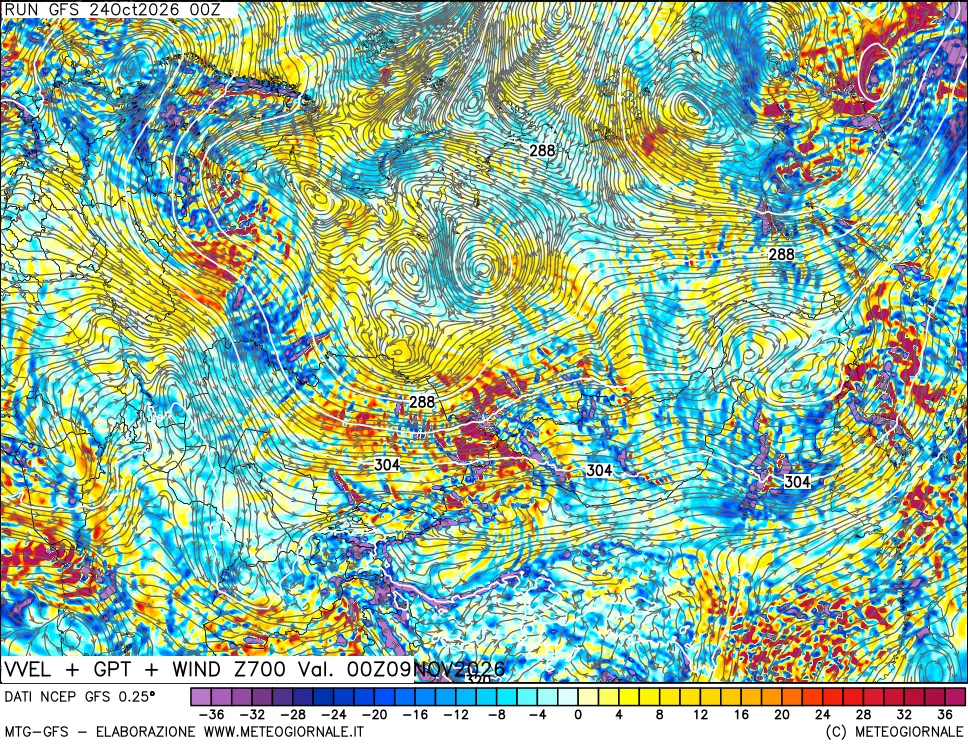mappa 700 hPa Velocità verticiali + GPT + Vento