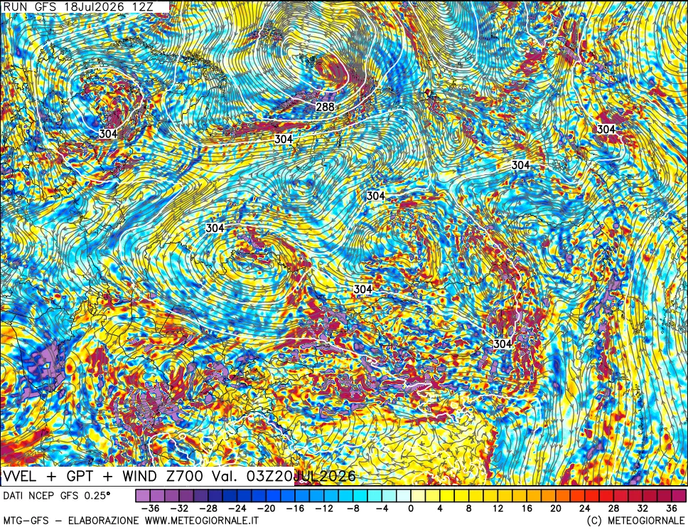 mappa 700 hPa Velocità verticiali + GPT + Vento