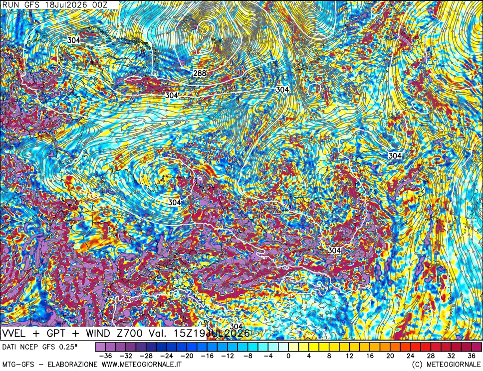 mappa 700 hPa Velocità verticiali + GPT + Vento