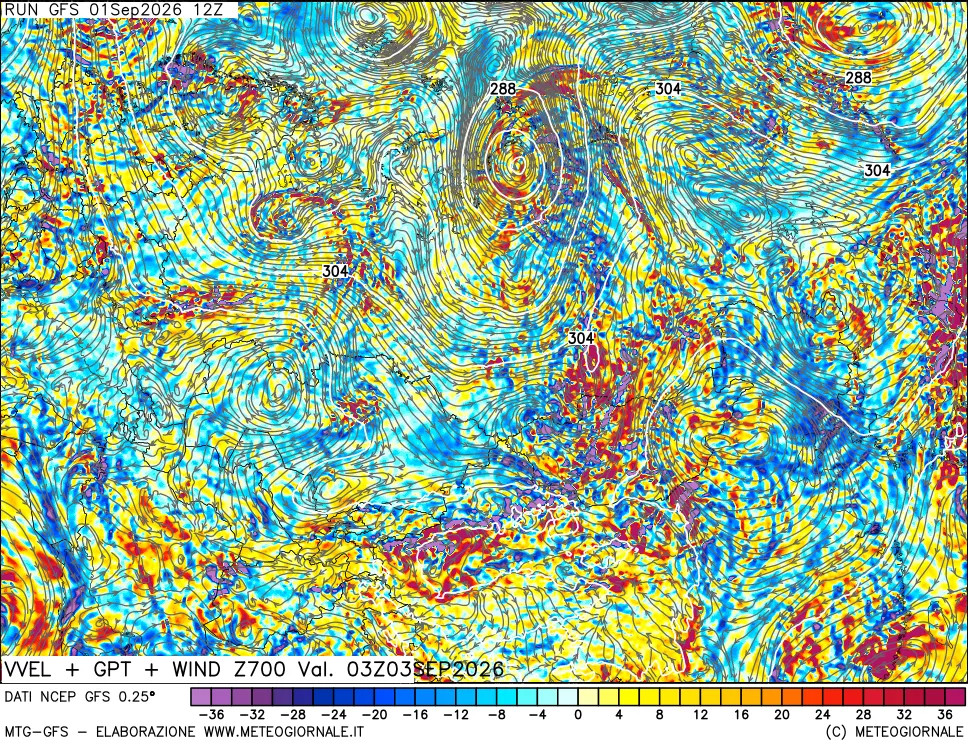 mappa 700 hPa Velocità verticiali + GPT + Vento