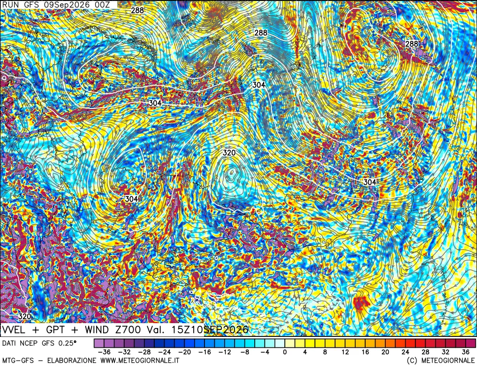 mappa 700 hPa Velocità verticiali + GPT + Vento