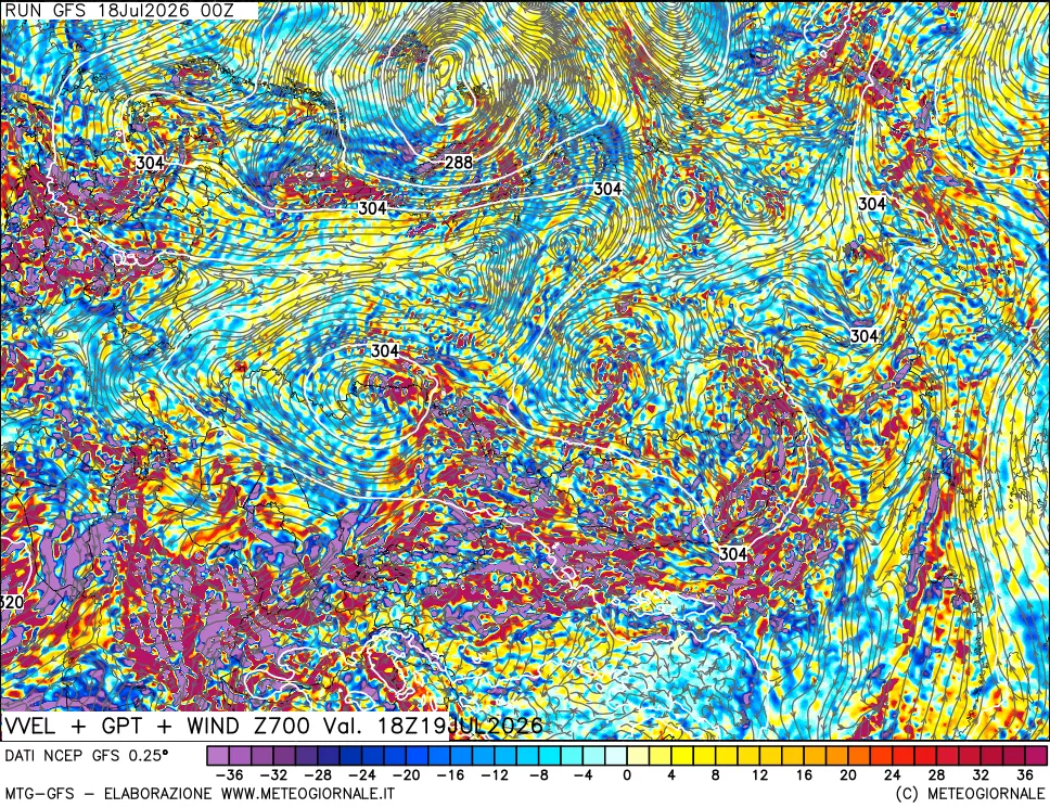 mappa 700 hPa Velocità verticiali + GPT + Vento