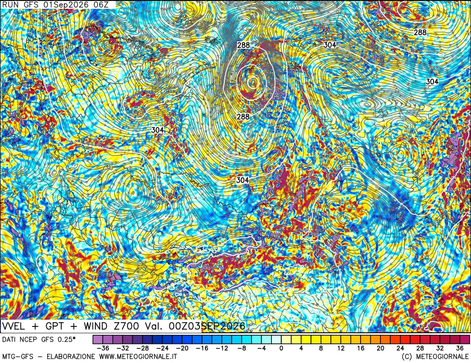 mappa 700 hPa Velocità verticiali + GPT + Vento
