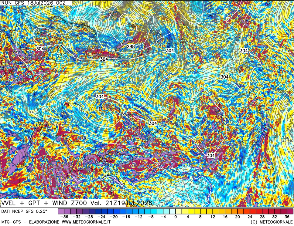 mappa 700 hPa Velocità verticiali + GPT + Vento