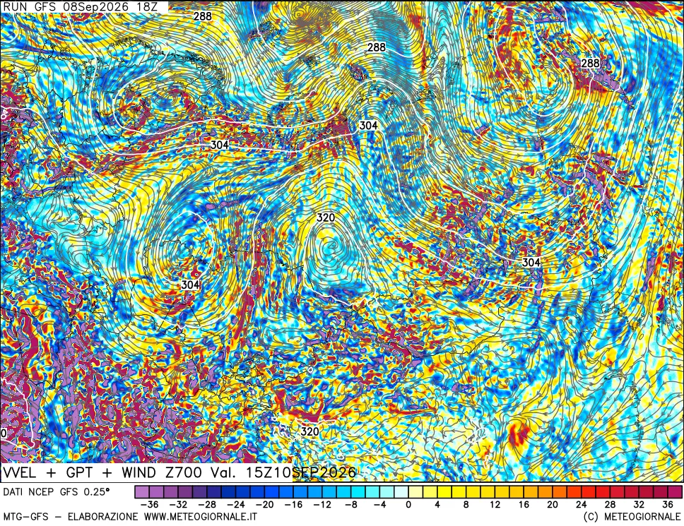 mappa 700 hPa Velocità verticiali + GPT + Vento