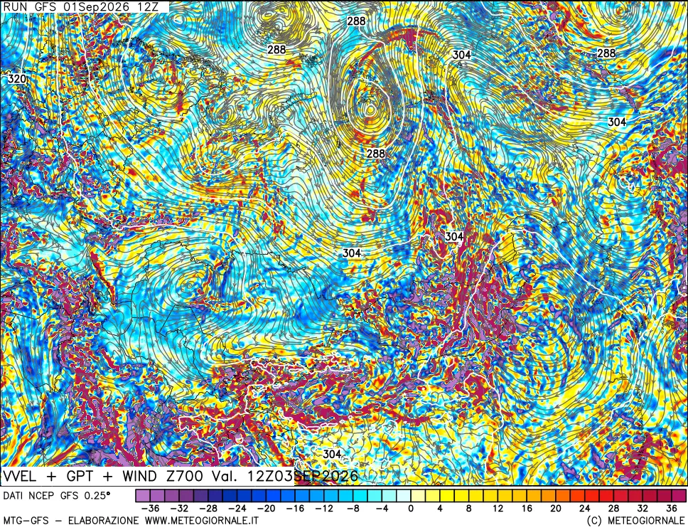 mappa 700 hPa Velocità verticiali + GPT + Vento
