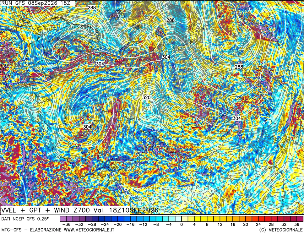 mappa 700 hPa Velocità verticiali + GPT + Vento