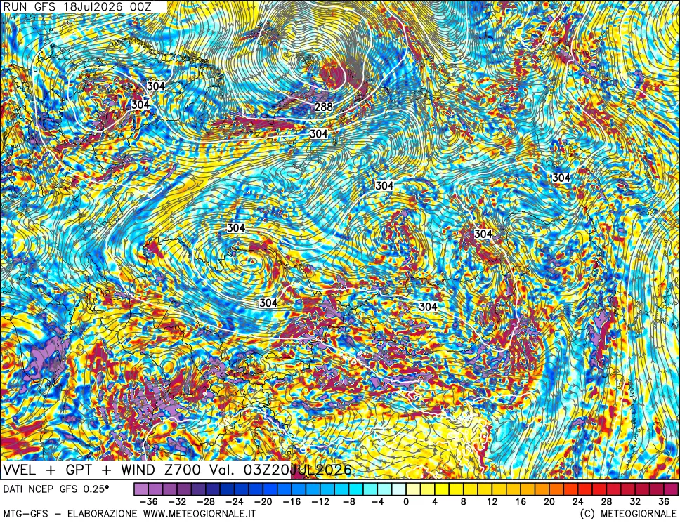 mappa 700 hPa Velocità verticiali + GPT + Vento