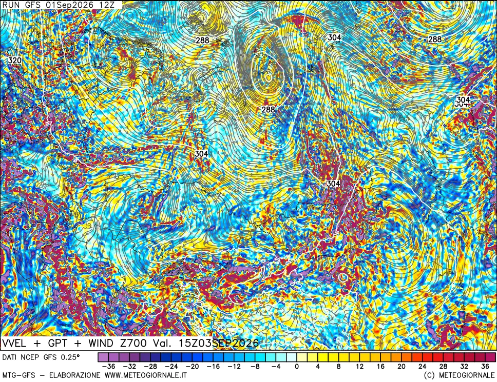 mappa 700 hPa Velocità verticiali + GPT + Vento