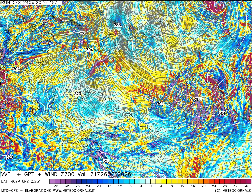 mappa 700 hPa Velocità verticiali + GPT + Vento