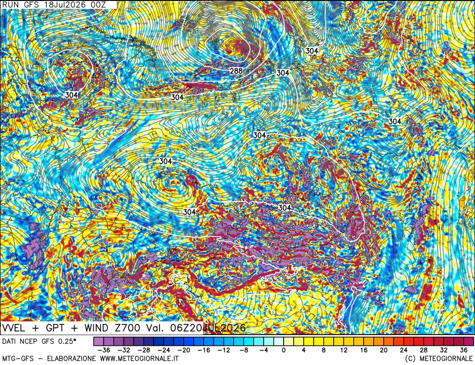 mappa 700 hPa Velocità verticiali + GPT + Vento